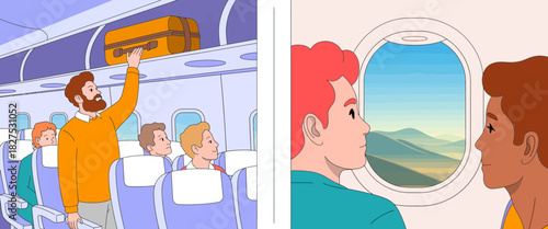 A scene capturing travelers aboard a plane, highlighting the anticipation of adventure and the breathtaking landscape visible through the window.