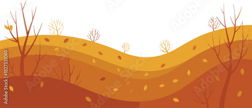 Autumn nature landscape background with orange rolling hills and bare trees for seasonal banner design pixel art vector illustration