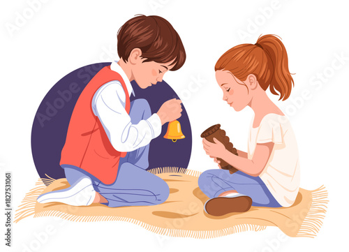 Two children engage in a playful interaction with musical instruments, highlighting the importance of play in childhood development and the joy of creativity in learning together.