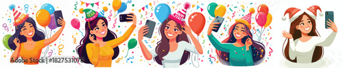 vector of a woman taking selfie celebrating the new year