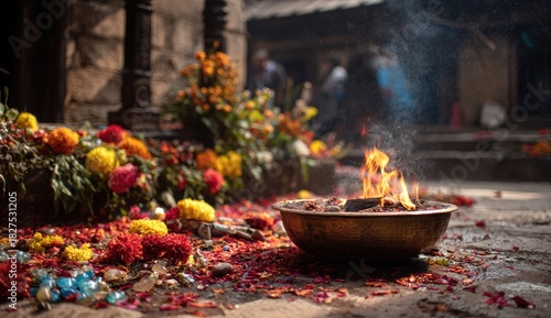 Temple offerings; flowers, fire, and incense