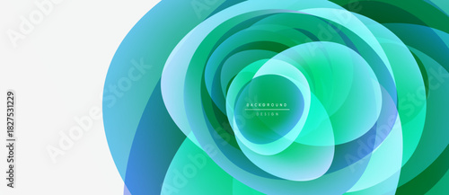 Abstract swirling shapes, teal and green hues dominate. Modern design evokes movement, energy, clean aesthetic. Background suggests depth, fluidity.