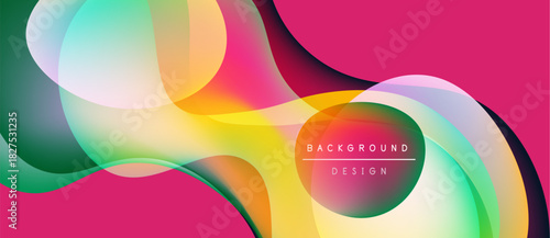 Abstract fluid shapes overlap, creating vibrant color gradients. Pink dominates background, with yellow, green highlights. Modern design element.