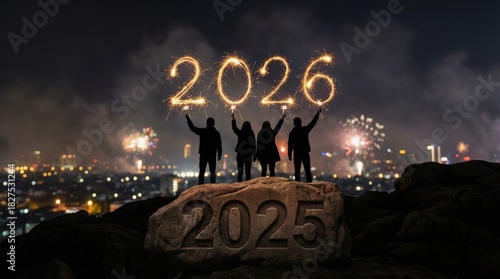 People celebrating New Year 2026 with sparklers and fireworks over a city skyline, transitioning from 2025.