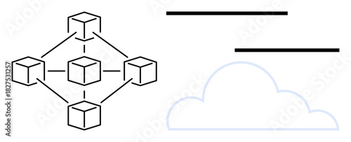 Connected cubes representing blockchain with a cloud icon for storage. Ideal for data security, cloud computing, blockchain technology, decentralization, network architecture, digital solutions