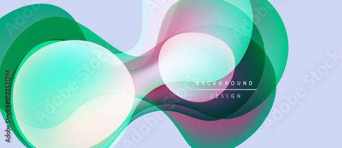 Abstract fluid shapes overlap, creating vibrant color gradients. Modern design elements suggest motion, energy, innovation. Light pastel background enhances visual appeal.