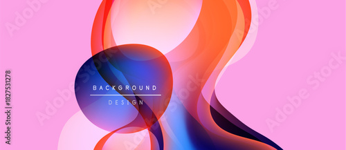 Abstract fluid shapes overlap, creating vibrant color gradients. Pink background complements blue, orange hues. Text reads background design.