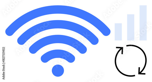 Wireless network concept. Wireless signal icon with bars and refresh symbol network connectivity and synchronization. Wireless technologies for streaming, IoT, communication, data exchange, and cloud