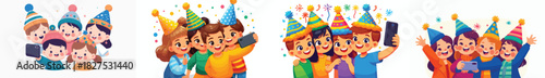 vector of children taking selfies together celebrating the new year