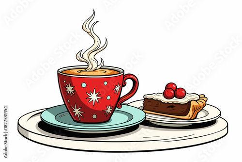 Coffee in a Christmas mug with a pie on a plate for a festive treat