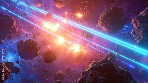 Space battle illustration featuring light streaks, explosions, and asteroids.