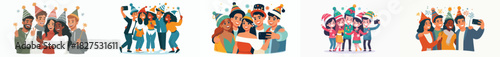 vector of young people taking selfies together celebrating the new year