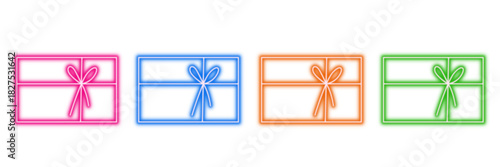 Neon glowing gift card vector icons set, present, voucher, coupon, discount, reward, shopping, celebration, bright design on transparent background.
