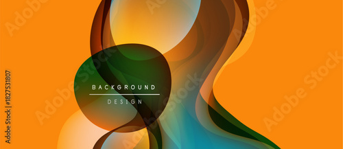 Abstract fluid shapes overlap, creating vibrant orange, brown, teal gradients. Text reads background design within central form. Modern, dynamic composition.