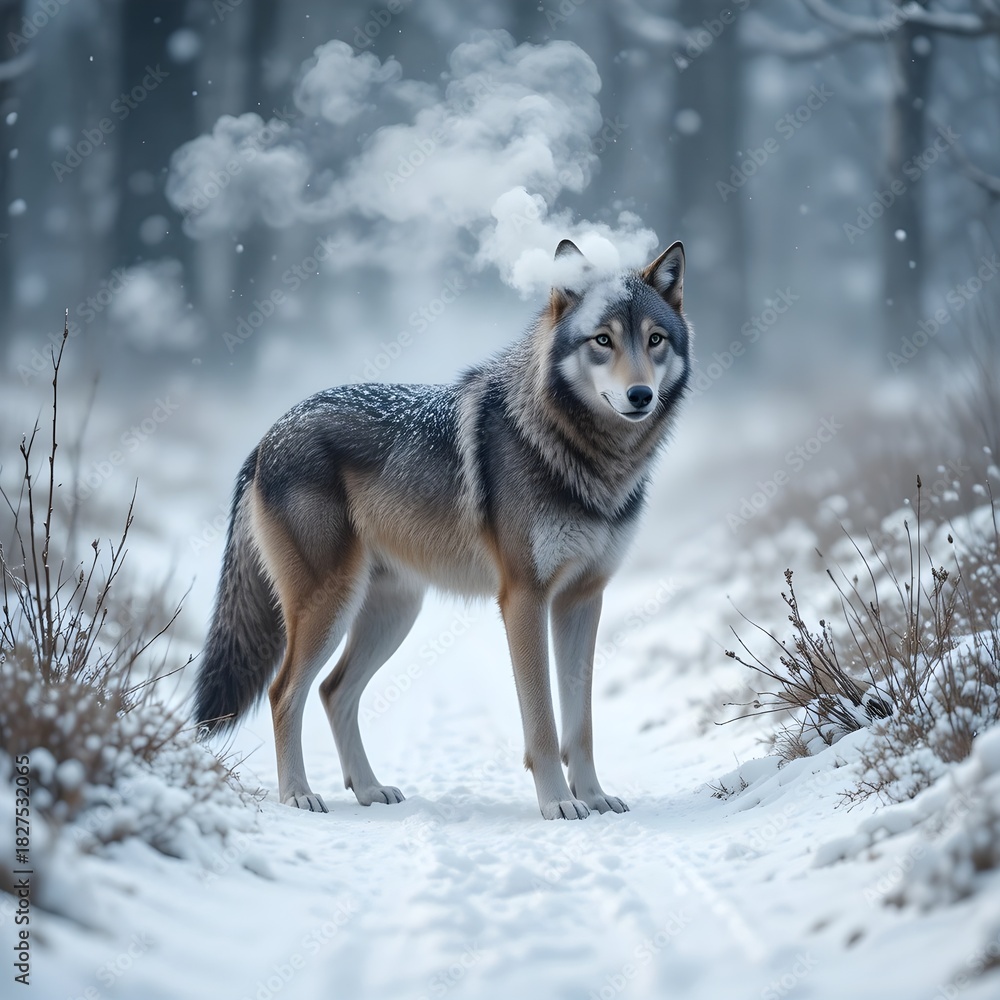 Fototapeta premium Majestic wolf standing proudly in a winter wonderland, its breath visible in the cold air, evoking a sense of wild beauty and serene wildlife encounters