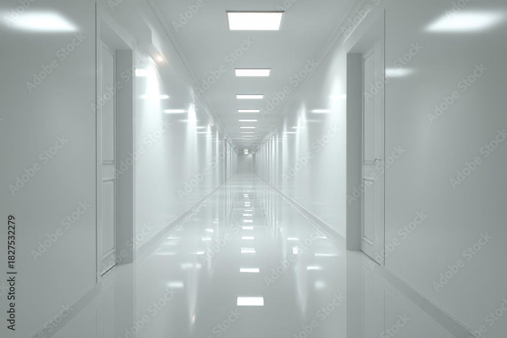 Obraz premium Bright white hallway interior with minimalist, spacious design and soft overhead lighting