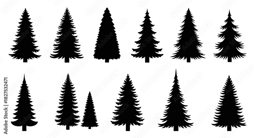 Obraz premium Pine Trees Silhouette Set-Black Christmas Tree Shapes