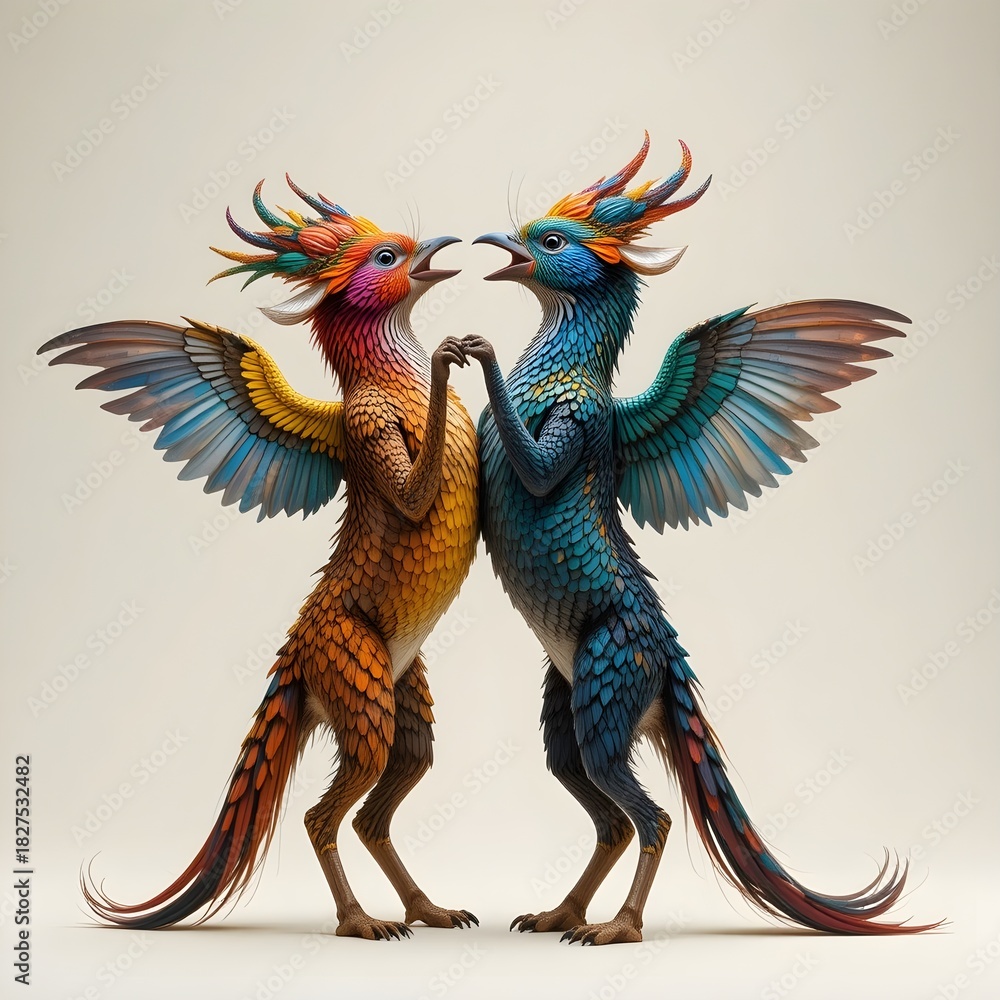 Fototapeta premium Two vibrant mythical birds face each other, wings spread in a stunning display of color and fantasy, a captivating symbol of connection and wonder
