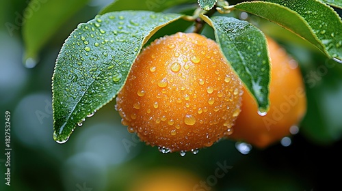 Fototapeta Naklejka Na Ścianę i Meble -  Close-up of orange fruits and green leaves covered in water droplets, with a blurred background. Natural lighting highlights the textures and colors.