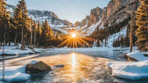 Sunrise over a frozen lake nestled in a snowy mountain valley.