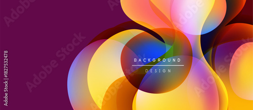 Abstract colorful circles overlap, creating dynamic visual effect. Purple background enhances vibrant hues, modern design element.