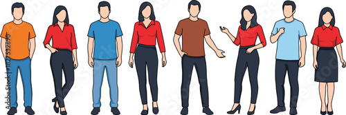 Diverse group of seven men and women standing in casual and business attire group people