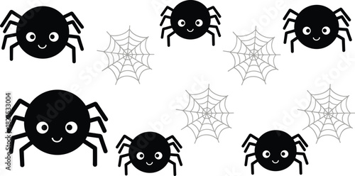 Six cartoon black spiders with white eyes and smiling faces near grey spiderwebs on white background