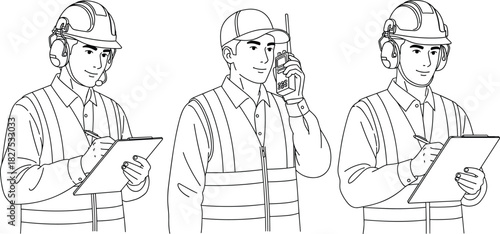 Three construction workers in hard hats and safety vests one talking on radio two writing on clipboards
