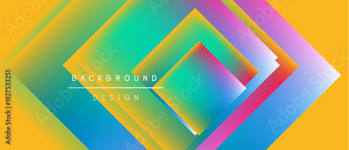 Vibrant geometric layers create abstract background. Gradient colors blend, forming diamond shapes. Modern design feels energetic, dynamic.