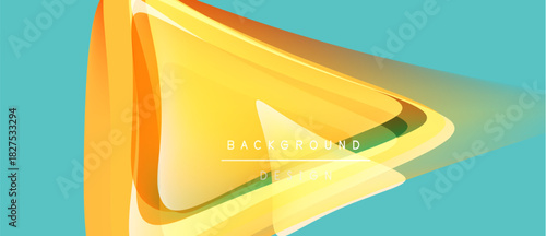 Bright abstract design features layered orange shapes over turquoise background. Text reads background design. Modern, dynamic visual presentation.