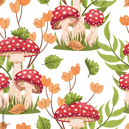 Amanita Mushrooms in Grass Seamless Pattern Flat Vector. Poisonous Fungi Forest Texture for Nature Design, Whimsical Decor. Repeat Background for Wallpaper, Textile, Wrapping Paper. Enchanted Woodland
