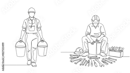 Continuous Line Art Worker Carrying Buckets and Sitting While Sorting Tools – Minimalist Black One-Line Illustration