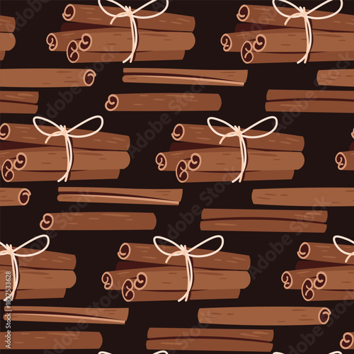 Cinnamon Sticks Seamless Pattern Flat Vector. Spice Texture for Cafe Branding, Food Packaging, Seasonal Design. Repeat Background for Wallpaper, Textile, Wrapping Paper, Autumn Theme. Cozy Print