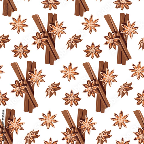 Cinnamon Sticks and Star Anise Seamless Pattern Flat Vector. Spice Texture for Cafe Branding, Food Packaging, Seasonal Designs. Repeat Background for Wallpaper, Textile, Wrapping Paper, Autumn Themes