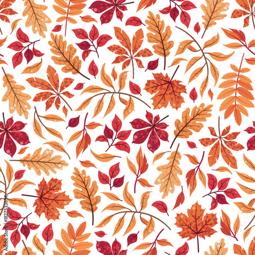 Autumn leaves seamless pattern. Falling leaf repeat background with Oak, maple, chestnut, rowan foliage in cartoon style. Fall season vector texture. Perfect for wallpaper, wrapping paper, textile.