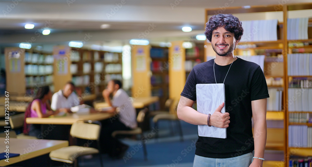 Fototapeta premium Indian asian young adult gen z man confident student standing proud hold new laptop look camera indoor library happy smiling boy guy staring cam do casual pose enjoy joyful day time inside college