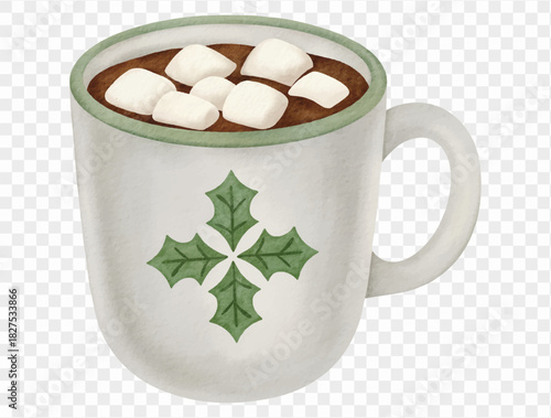 Watercolor hot cocoa mug illustration with marshmallows for winter holiday design. Vector.