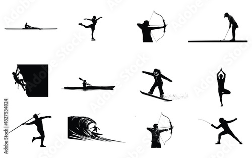 Collection of black silhouette icons representing various sports and outdoor recreational activities like archery, surfing, climbing, kayaking, snowboarding, and yoga, isolated on white background