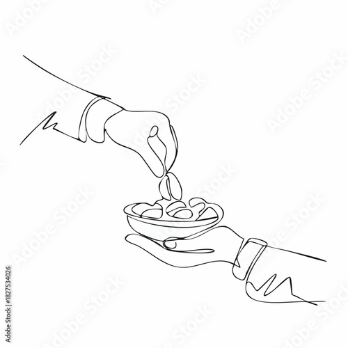 Continuous one line drawing hands sharing free food in the month of Ramadan. Ramadan activity concept. Single line draw design vector graphic illustration.