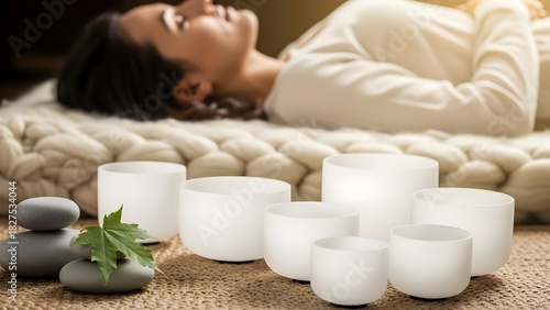 Woman relaxing with crystal singing bowls during a sound healing session.