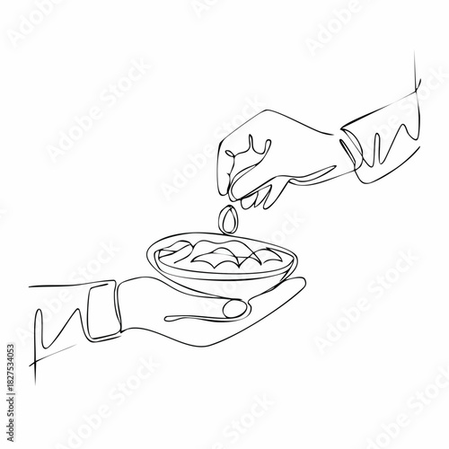 Continuous one line drawing hands sharing free food in the month of Ramadan. Ramadan activity concept. Single line draw design vector graphic illustration.