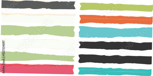 A colorful grid of torn paper strips against a white background