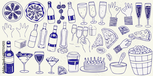 A whimsical collection of hand drawn food drinks and celebratory elements