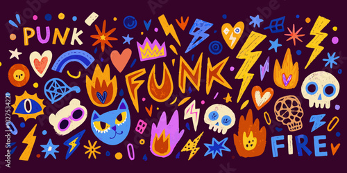 A vibrant collection of punk and funk inspired doodles and graphic elements