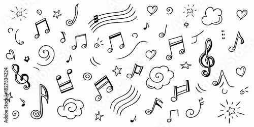 A whimsical doodle of musical notes hearts and stars in black and white