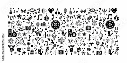 A chaotic black and white pattern of music notes hearts and decorative objects