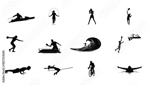 Collection of black silhouette icons representing various sports and fitness activities, including surfing, jumping rope, boxing, discus throw, table tennis, cycling, and swimming, isolated on white b
