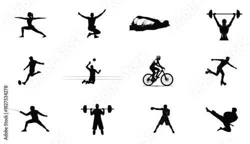 Collection of black silhouette icons representing various sports and fitness activities like yoga, weightlifting, cycling, soccer, volleyball, running, fencing, and martial arts, isolated on white bac