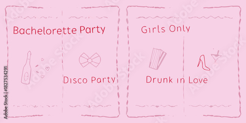 Pink bachelorette party themed cards with playful illustrations and text