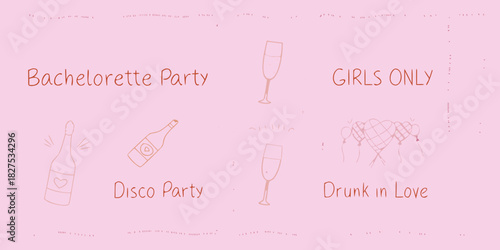 A pink bachelorette party invitation with doodle illustrations and text